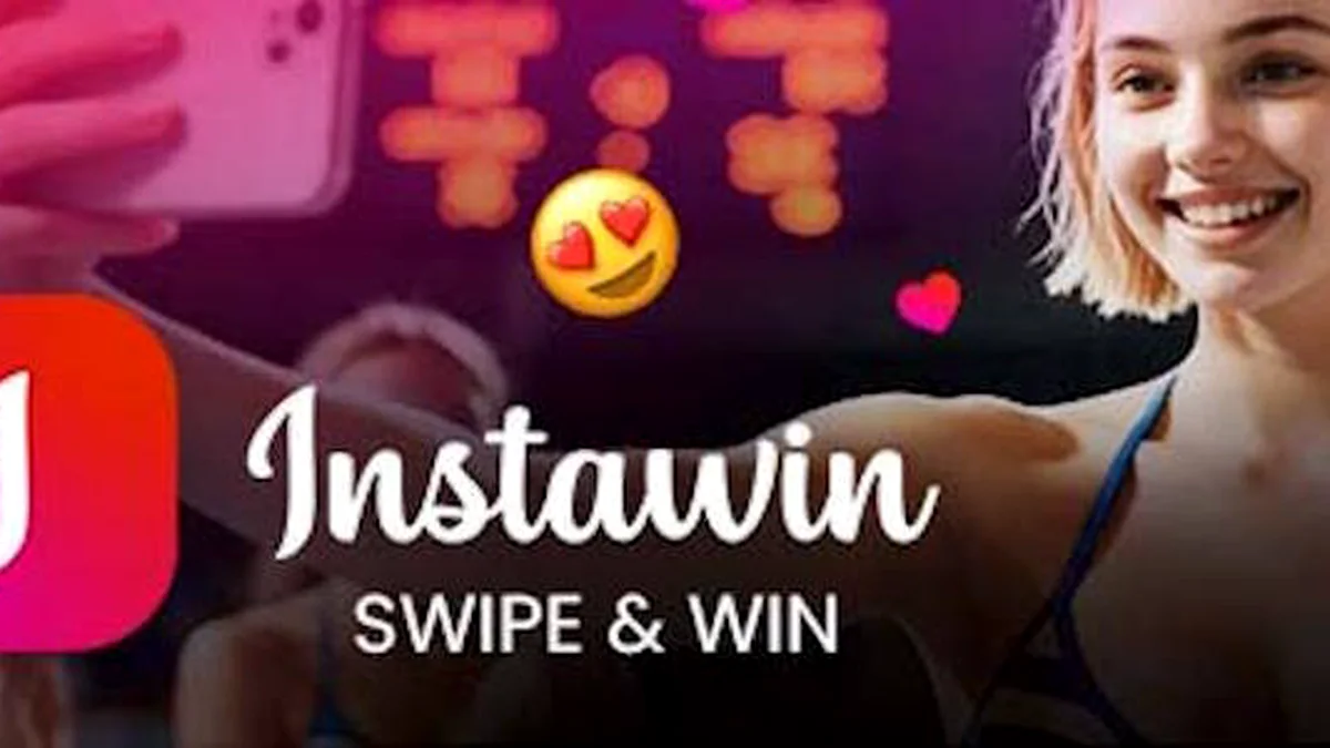 Ang interface ng Instawin na nagpapakita ng swipe-based na mekanismo at postcard design.