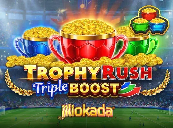 Trophy Rush Triple Boost slot interface na nagpapakita ng mga gintong barya at jackpot meters.